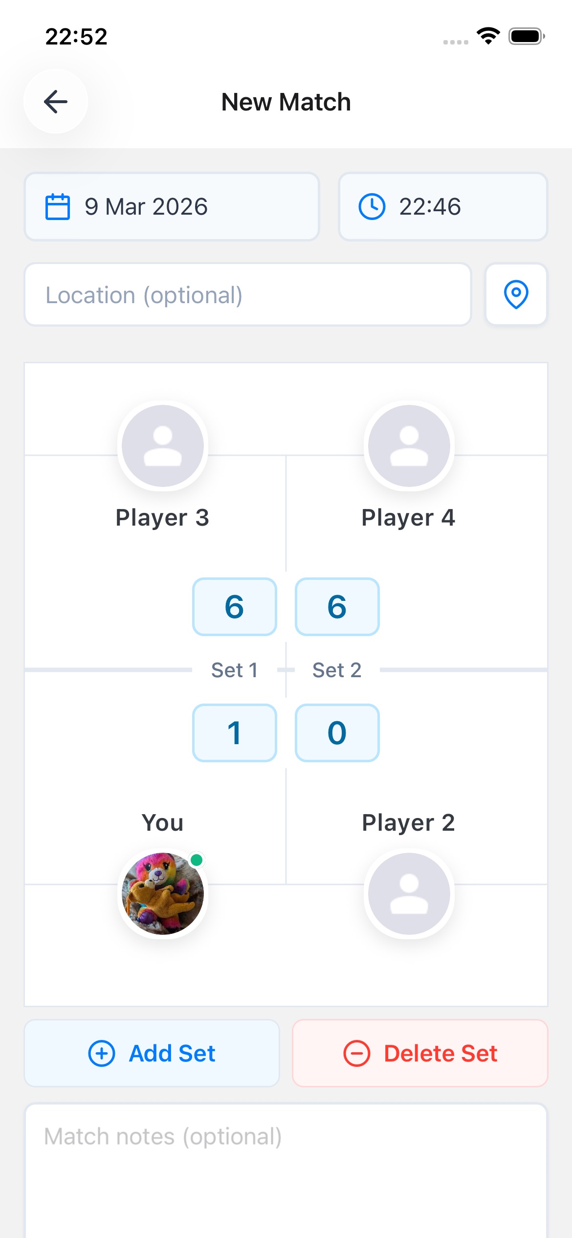 Padellog match creation screen