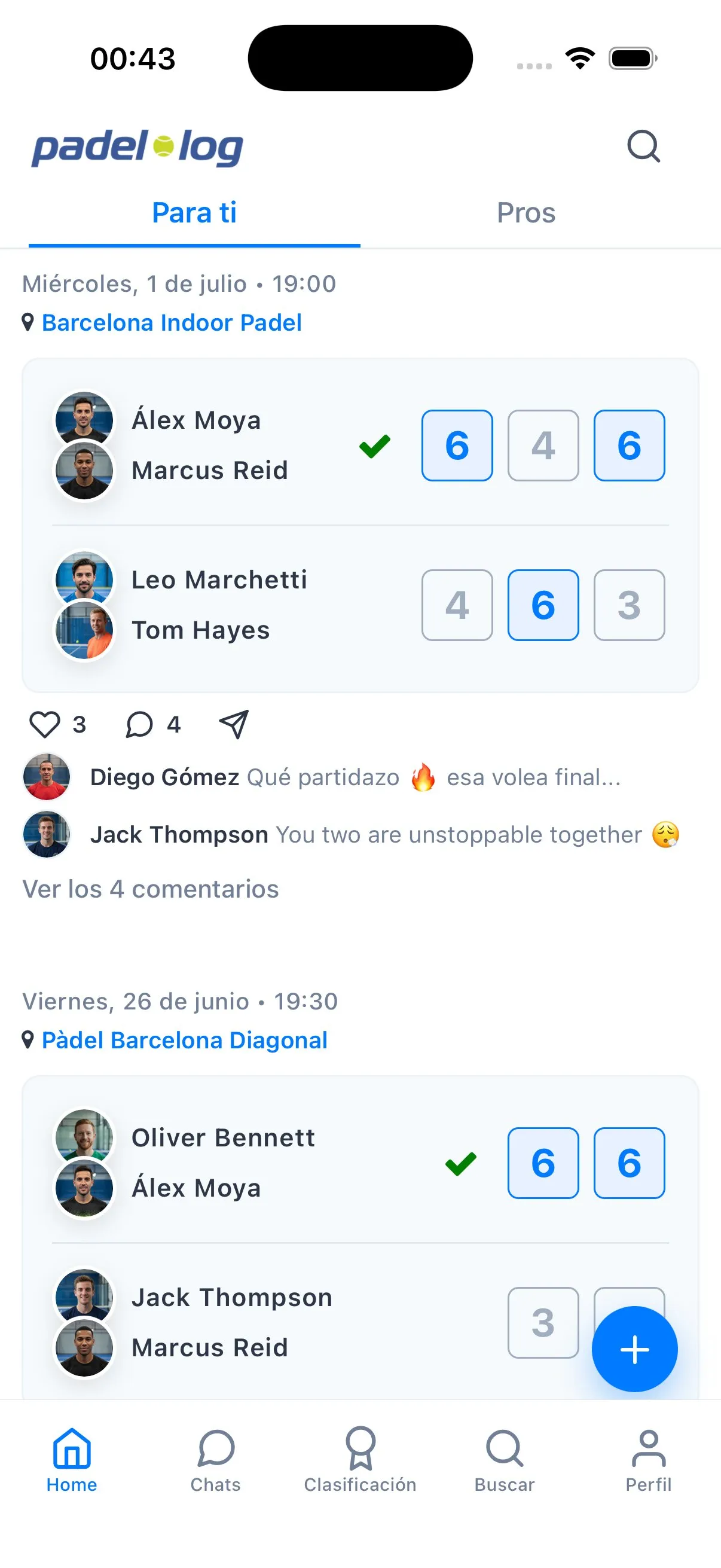 Tarjeta de partido en el feed de Padellog