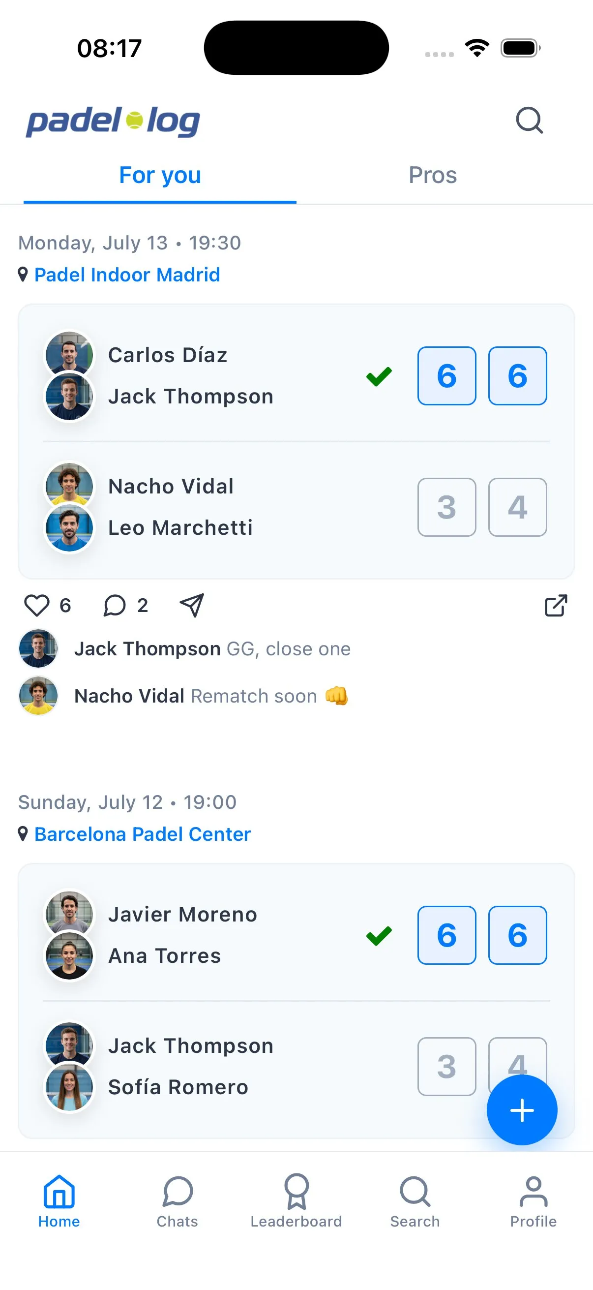 Padellog match card in the feed