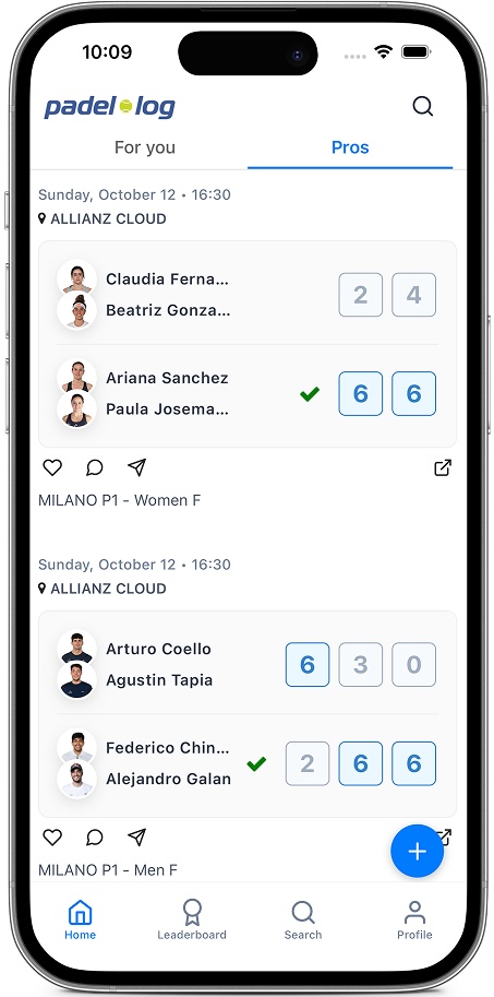 Feed de partidos de Padellog mostrando partidos recientes