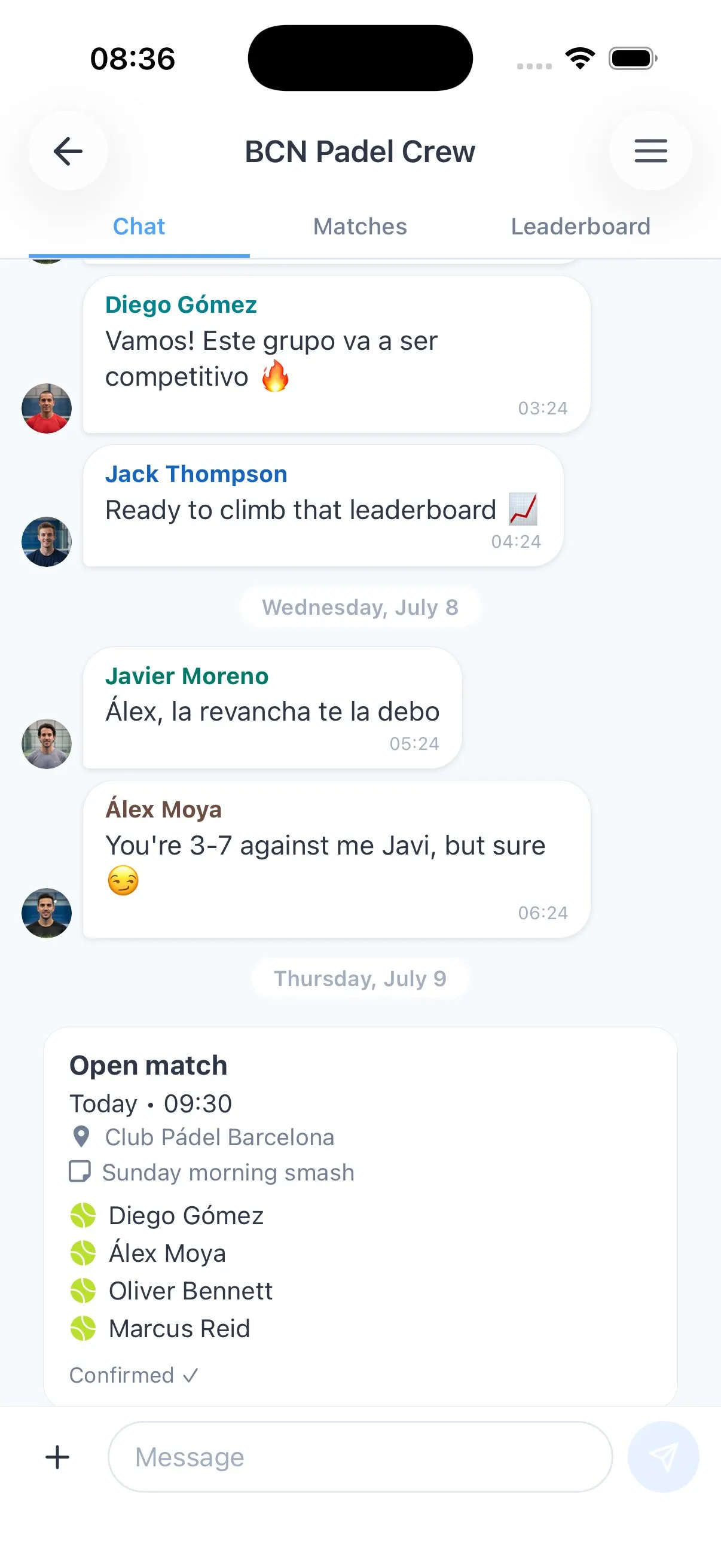Padellog group with its private leaderboard, chat, and matches
