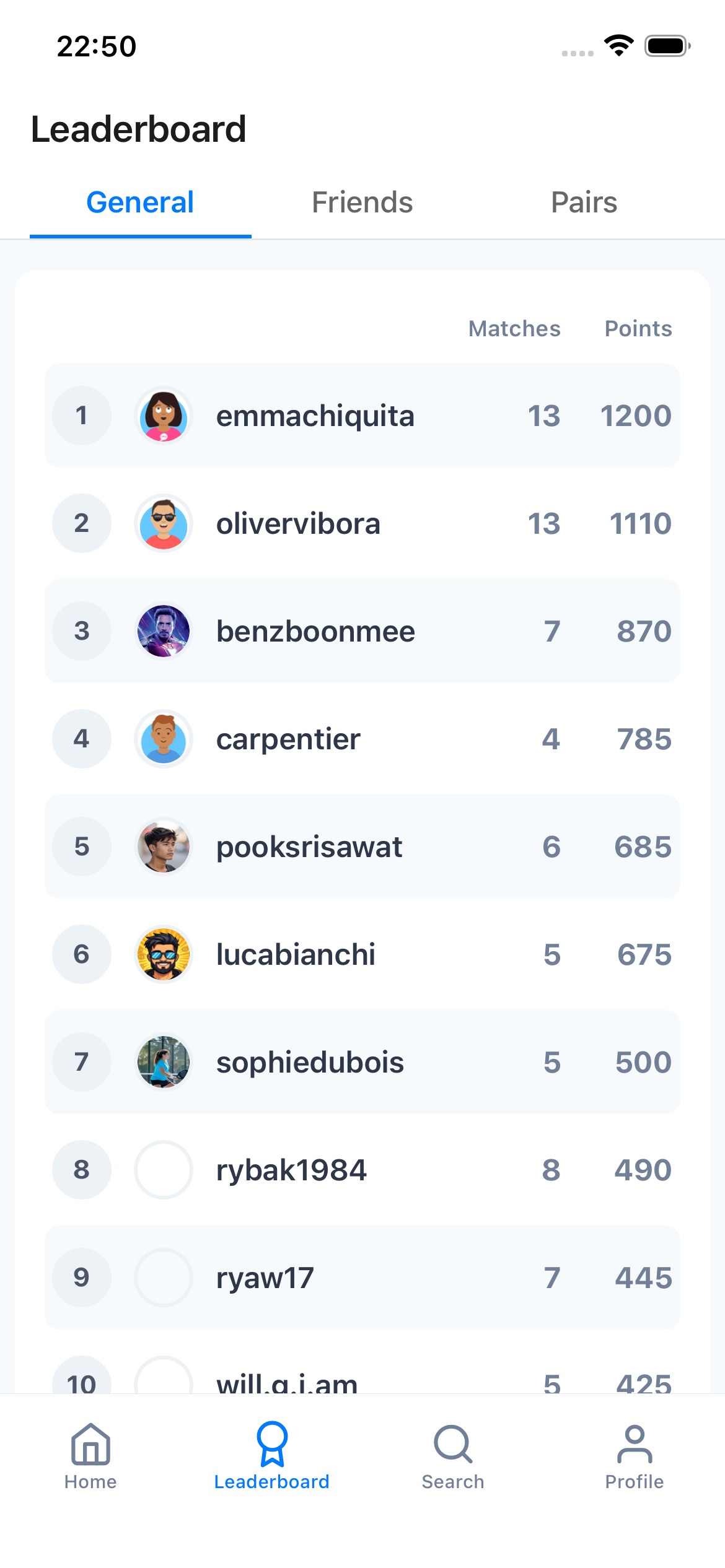 Padellog leaderboard showing player rankings