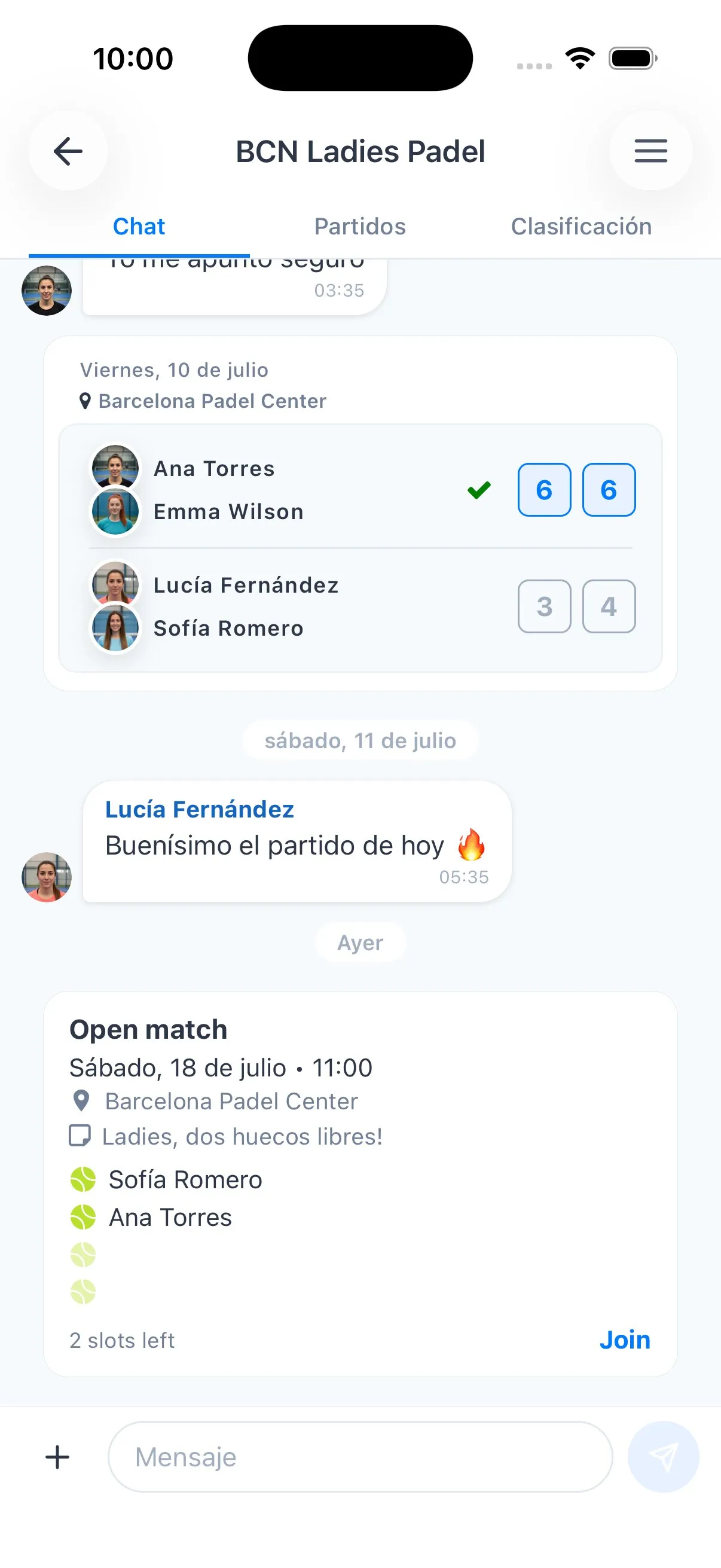 Propuesta de partido abierto en el chat de Padellog