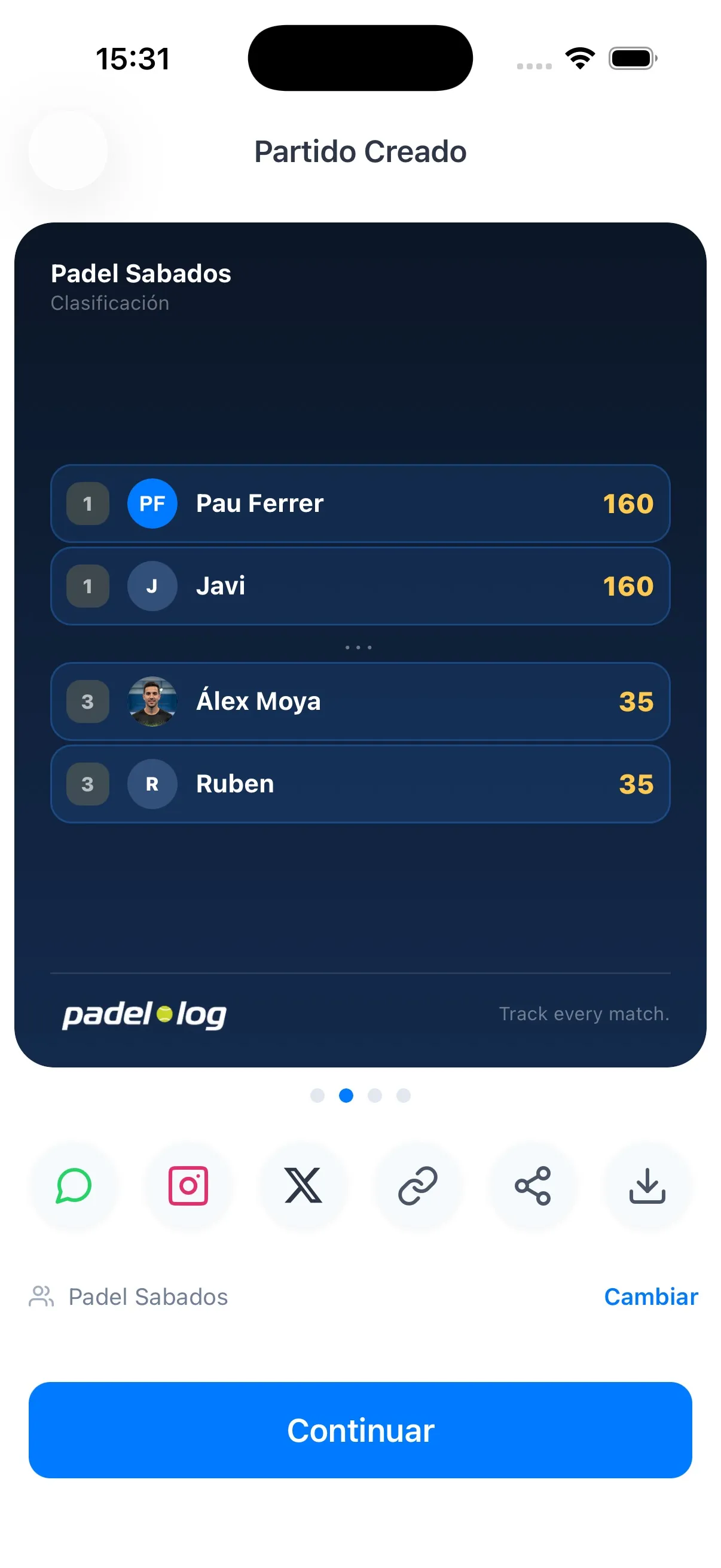 Padellog mostrando la clasificación del grupo actualizada tras un partido, con las opciones para compartir debajo