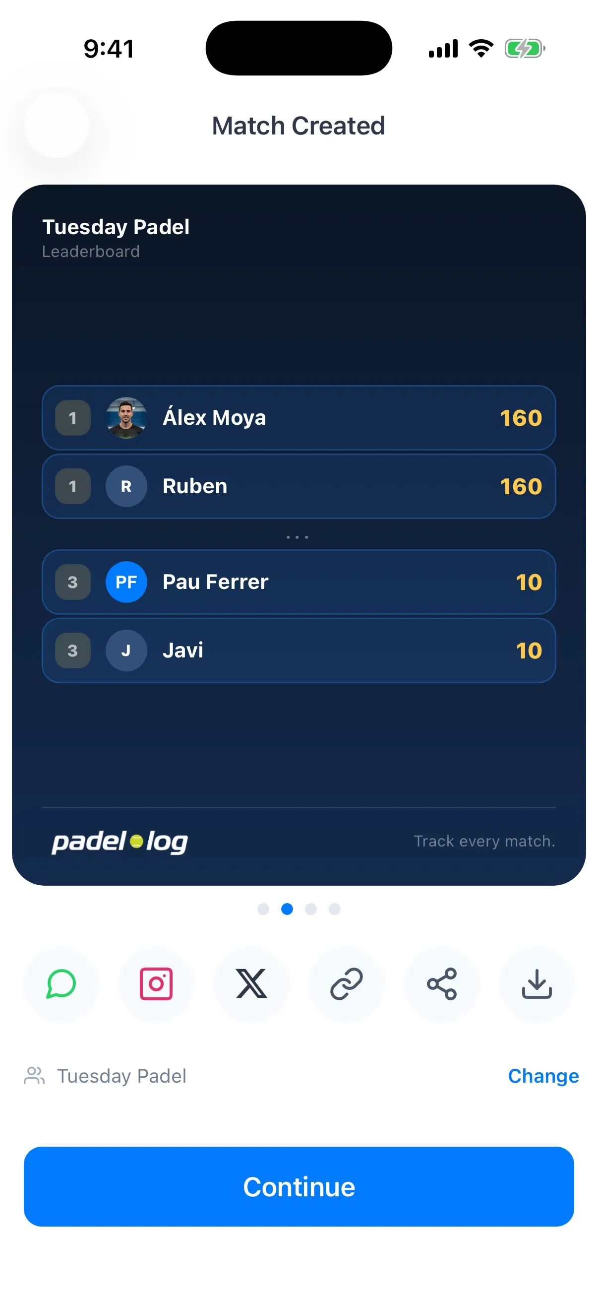 Padellog showing updated group standings after a match, with sharing options underneath