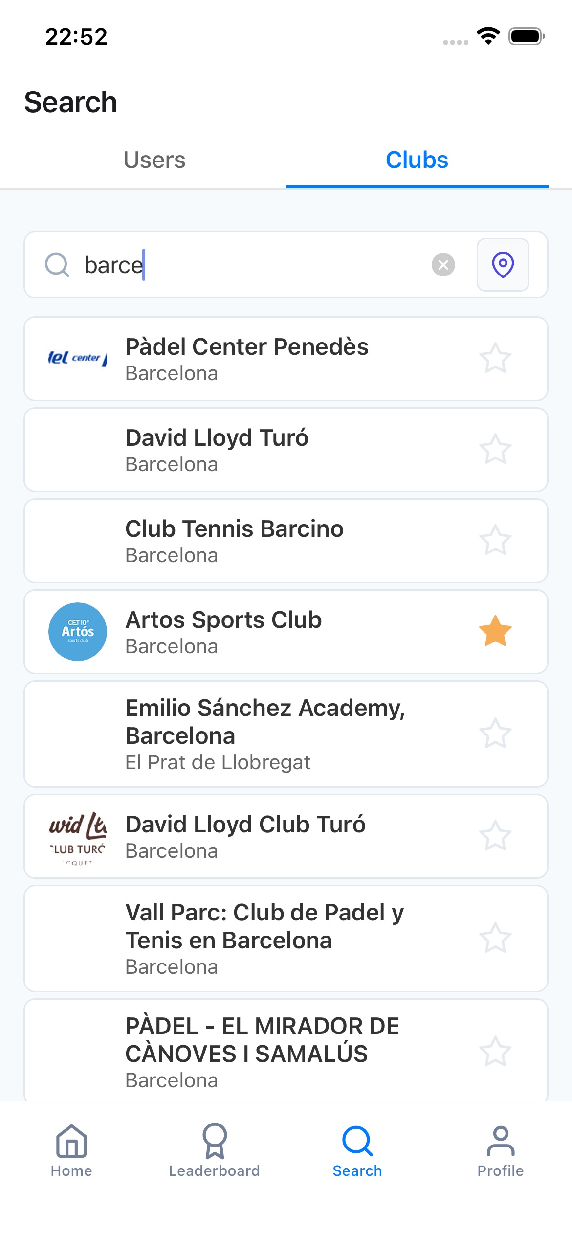 Padellog clubs directory showing nearby padel clubs