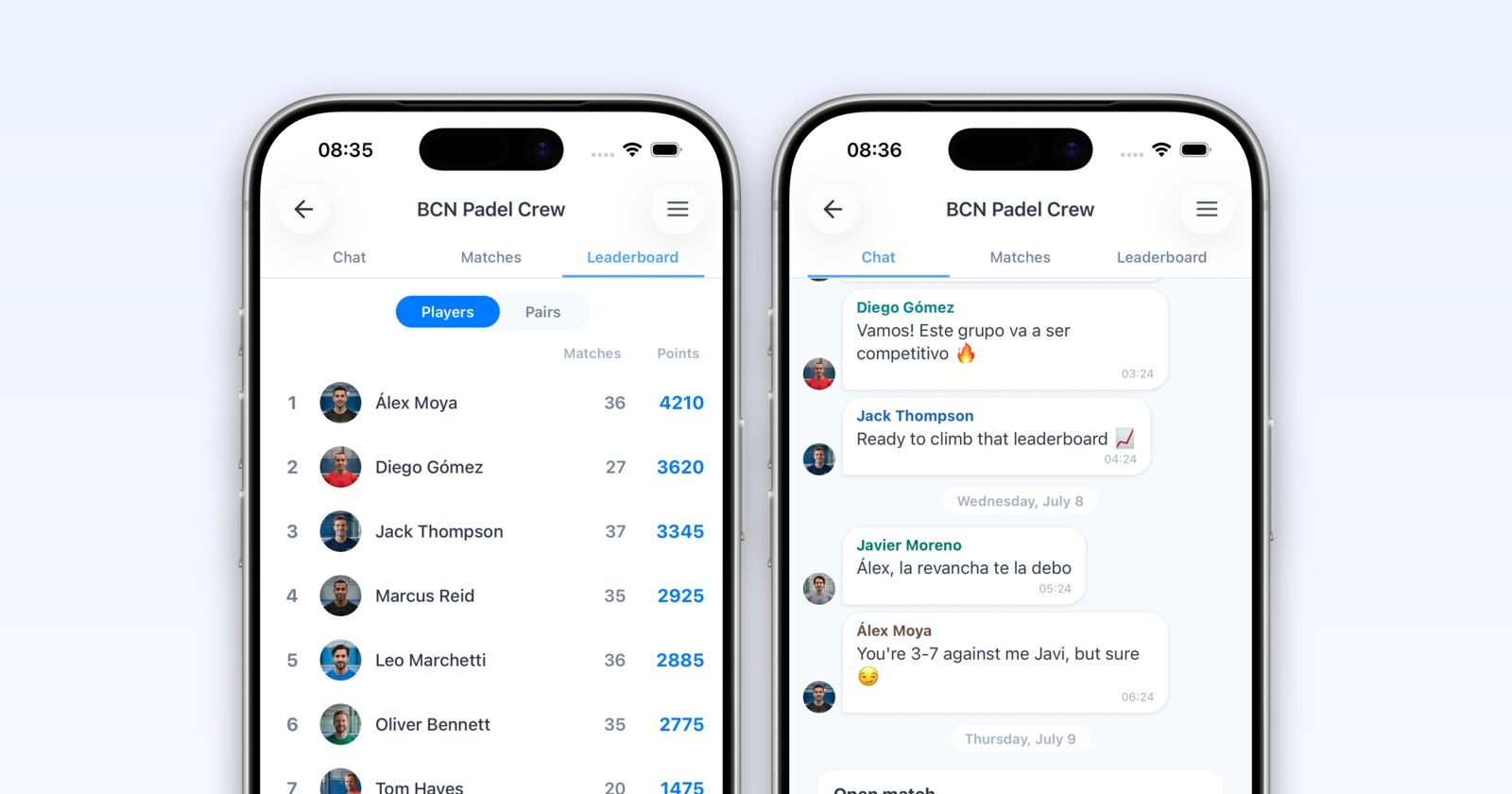 Padellog group leaderboard and group chat shown on two phones