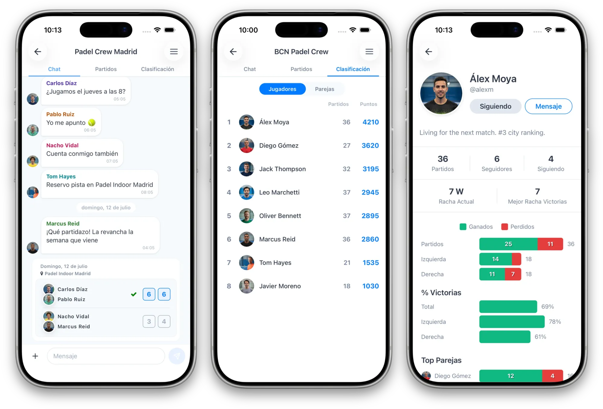 App Padellog mostrando la clasificación del grupo, el chat y las estadísticas