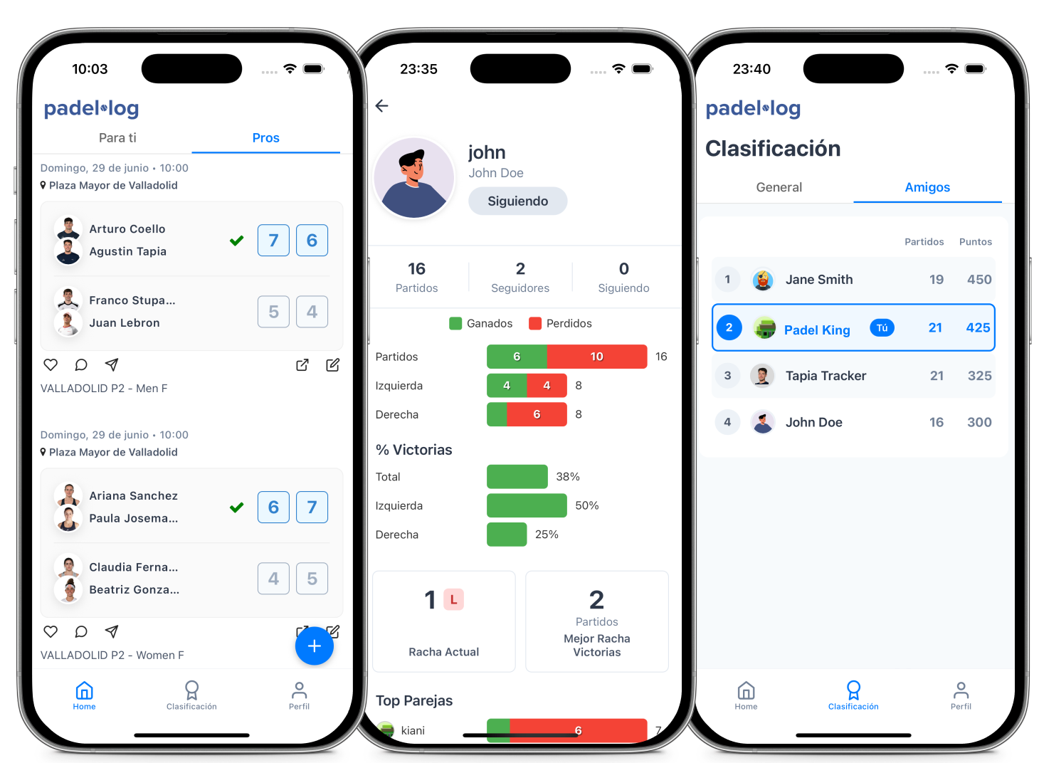Padellog App showing padel leaderboards and match stats